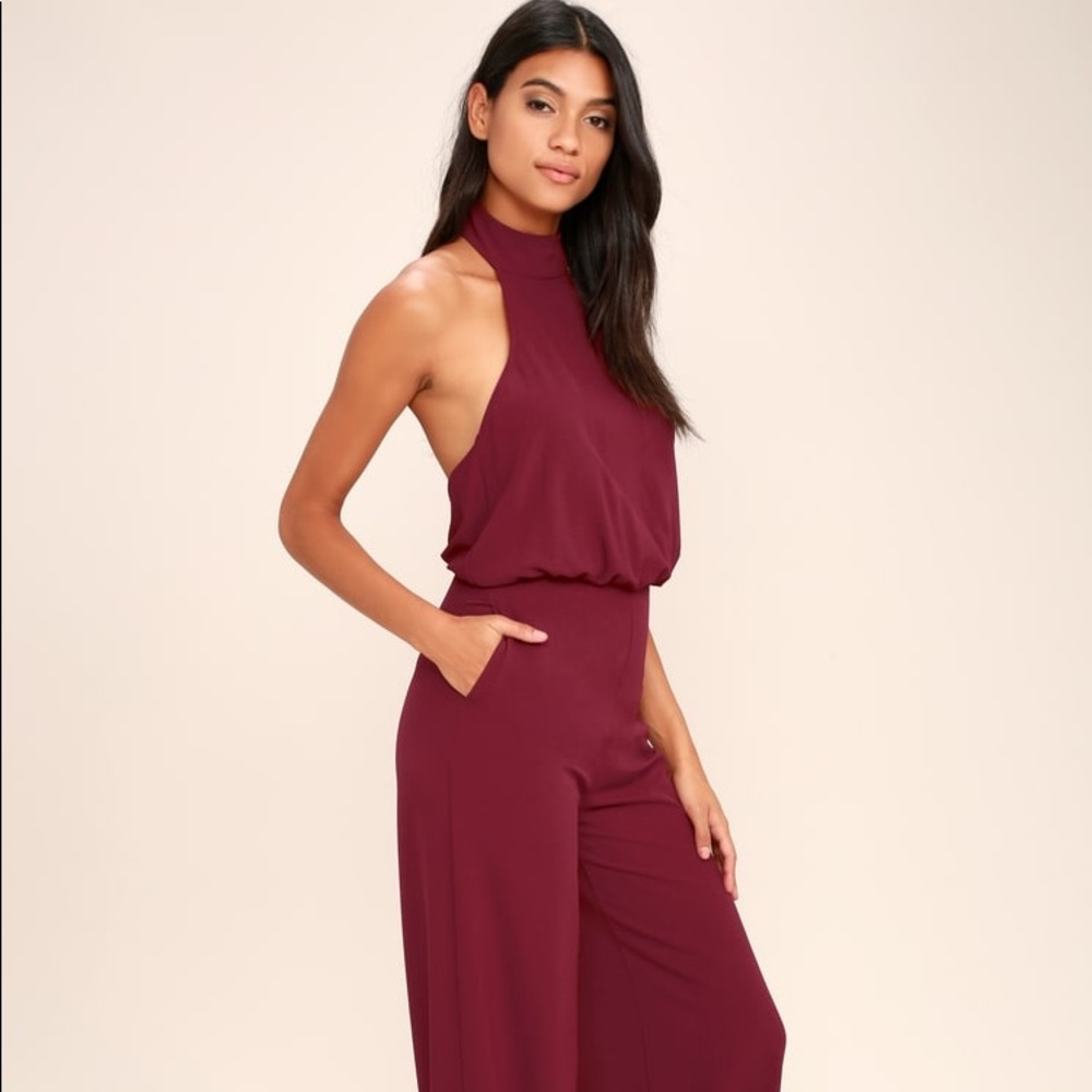 Lulus Moment for Life Wine Red Halter Jumpsuit